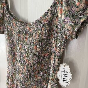 A.U.W Floral Smocked Puff Sleeve Dress Green Pink Size M NWT